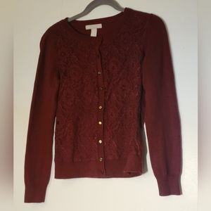 Banana Republic Womens Cardigan Sweater M Maroon Lace Button Up